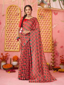 Garden VARELI - Women Peach Chiffon Abstract Printed Saree Without Blouse