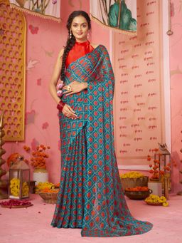 Garden VARELI - Women Teal Chiffon Abstract Printed Saree Without Blouse