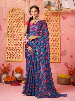 Garden VARELI - Women Blue Chiffon Abstract Print Saree Without Blouse