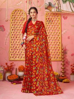Garden VARELI - Women Red Abstract Printed Saree Without Blouse