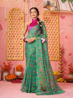 Garden VARELI - Women Teal Chiffon Floral Printed Saree Without Blouse