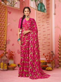 Garden VARELI - Women's Pink Chiffon Floral Printed Saree Without Blouse