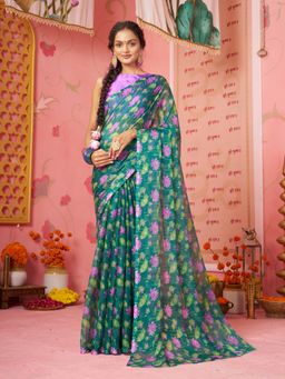 Garden VARELI - Women Teal Chiffon Printed Saree Without Blouse