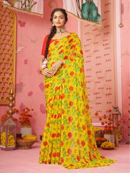 Garden VARELI - Women Yellow Chiffon Floral Printed Saree Without Blouse