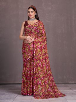 Garden VARELI - Women Maroon Chiffon Print Saree Without Blouse