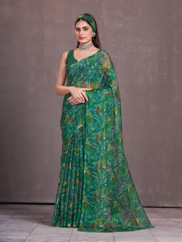 Garden VARELI - Women's Green Chiffon Printed Casual Saree Without Blouse