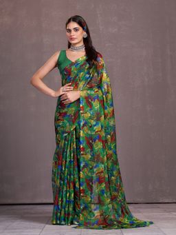 Garden VARELI - Women Green Abstract Print Casual Saree Without Blouse