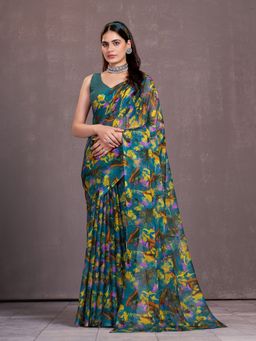Garden VARELI - Women Teal Casual Printed Saree Without Blouse