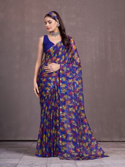 Garden VARELI - Women Blue Chiffon Floral Printed Causal Saree Without Blouse