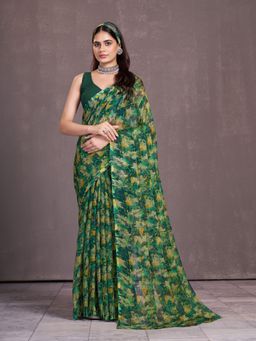 Garden VARELI - Women Green Chiffon Floral Printed Saree Without Blouse