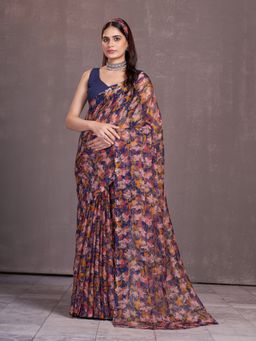 Garden VARELI - Women's Blue Chiffon Floral Printed Saree Without Blouse