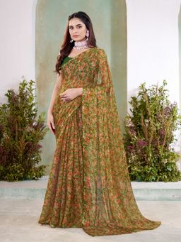 Garden VARELI - Women Green Chiffon Printed Saree Without Blouse