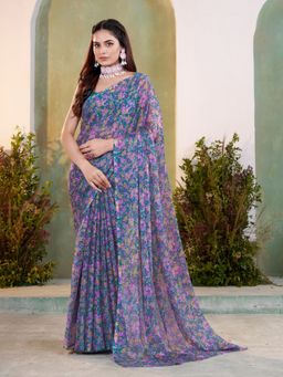 Garden VARELI - Women Multicolour Chiffon Floral Print Saree Without Blouse