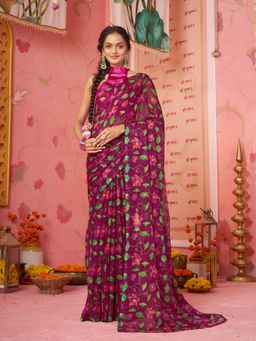 Garden VARELI - Women Maroon Chiffon Floral Printed Saree Without Blouse