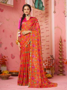 Garden VARELI - Women Orange Chiffon Floral Printed Saree Without Blouse