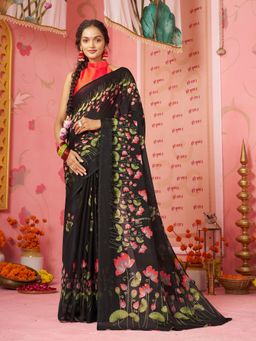 Garden VARELI - Women Black Chiffon Floral Printed Saree Without Blouse