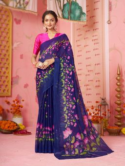 Garden VARELI - Women's Blue Chiffon Floral Printed Saree Without Blouse