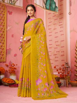 Garden VARELI - Women Mustard Chiffon Floral Printed Saree Without Blouse