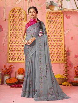 Garden VARELI - Women Grey Chiffon Floral Printed Saree Without Blouse