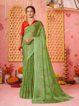Garden VARELI - Women Green Chiffon Floral Printed Saree Without Blouse