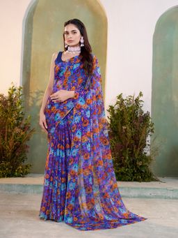 Garden VARELI - Women Blue Floral Printed Saree Without Blouse