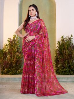 Garden VARELI - Women's Red Chiffon Floral Printed Saree Without Blouse