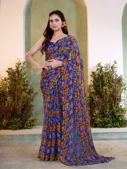 Garden VARELI - Women Blue Floral Printed Saree Without Blouse