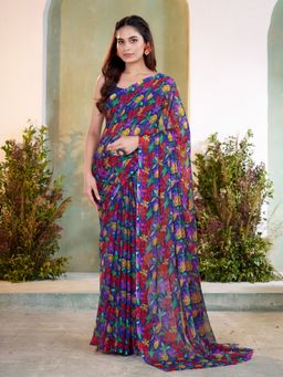 Garden VARELI - Women's Blue Chiffon Floral Printed Saree Without Blouse