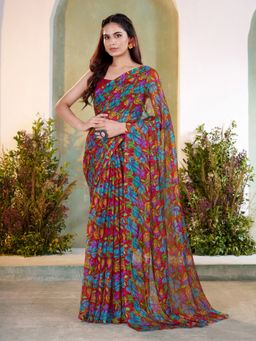 Garden VARELI - Women Brown Chiffon Floral Printed Saree Without Blouse