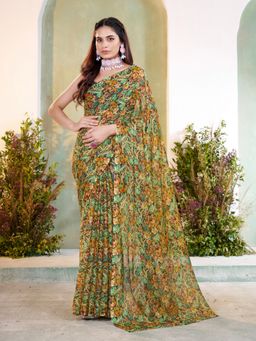 Garden VARELI - Women Olive Chiffon Floral Printed Saree Without Blouse