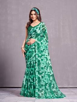 Garden VARELI - Women Green Chiffon Printed Saree Without Blouse