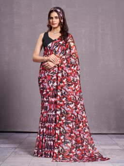 Garden VARELI - Women Red Chiffon Abstract Printed Saree Without Blouse