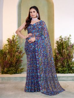 Garden VARELI - Women Blue Chiffon Floral Saree Without Blouse