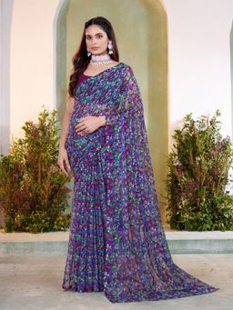 Garden VARELI - Women's Purple Chiffon Floral Printed Saree Without Blouse