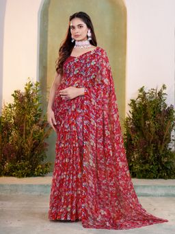 Garden VARELI - Women Red Chiffon Printed Saree Without Blouse