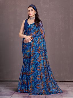 Garden VARELI - Women Blue Chiffon Print Casual Saree Without Blouse