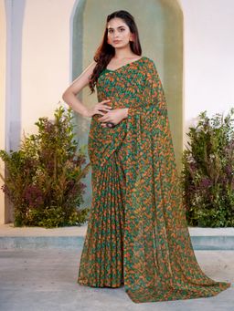 Garden VARELI - Women's Green Chiffon Floral Printed Saree Without Blouse
