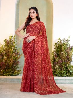 Garden VARELI - Women Red Chiffon Floral Printed Saree Without Blouse