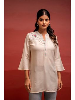 Juniper - Women Off White Viscose Embroidered Regular Fit Tunic