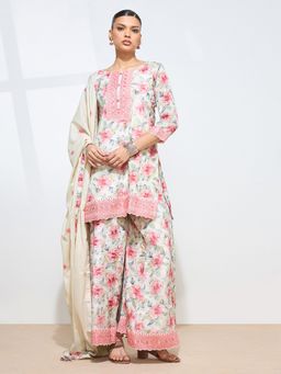 Shaily - Women Off White Silk Blend Floral Kurta with Sharara with Dupatta