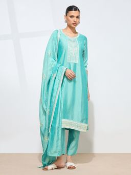 Shaily - Women Blue Silk Blend Embellished Kurta with Pant with Dupatta