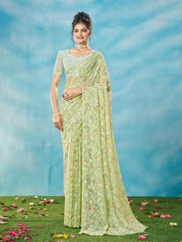 Garden VARELI - Women Green Viscose Floral Printed Saree with Unstitched Blouse
