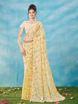Garden VARELI - Women Yellow Viscose Floral Printed Saree with Unstitched Blouse
