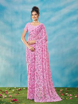 Garden VARELI - Women Pink Floral Printed Saree with Unstitched Blouse