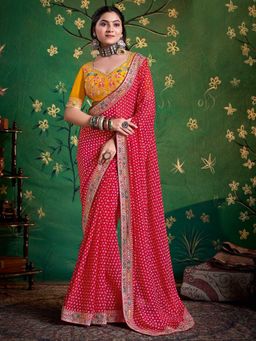 MEENA BAZAAR - Women Pink Festive Georgette Embroidered Saree Without Blouse