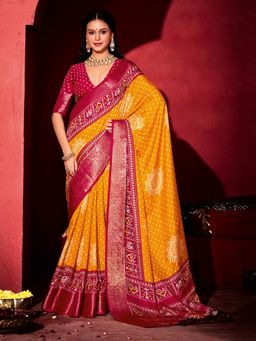 MEENA BAZAAR - Women Orange Festive Art Silk Patola Print Saree Without Blouse