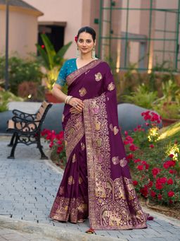 MEENA BAZAAR - Women Wine Festive Art Silk Embroidered Saree Without Blouse