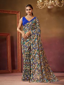 Garden VARELI - Brown Women Viscose Floral Print Saree with Unstitched Blouse