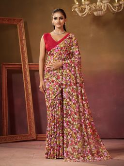 Garden VARELI - Women Viscose Red Floral Print Saree with Unstitched Blouse