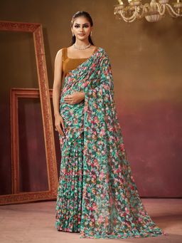 Garden VARELI - Women Teal Viscose Floral Print Saree with Unstitched Blouse